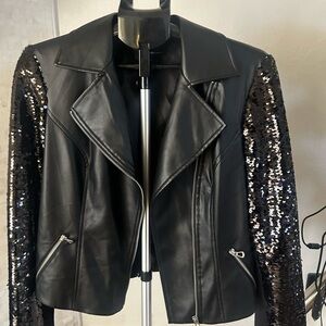 INC International Concepts Black Leather Jacket with Sequin Sleeves